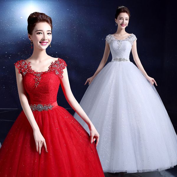 

совок шеи кружева тюль свадебное платье с кристаллом 2016 новые короткие рукава свадебные платья зашнуровать, White