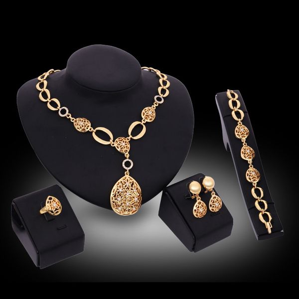 

necklaces earrings bracelets rings fashion jewelry sets women 18k gold plated hollow out water drop 4-piece set wedding jewelry js123, Slivery;golden