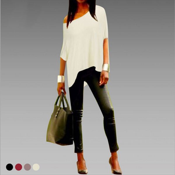 

fashion autumn t-shirts tees irregular shoulder slope short sleeve plus size casual women t shirts vestidos pullover b118, White