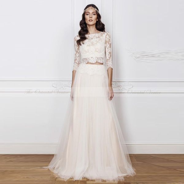 

two pieces beach wedding dresses sheer neck half sleeve appliques lace a-line boho bridal gowns vestido de novia, White