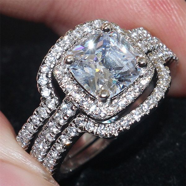 

women's fashion square cz diamond gemstone ring set jewelrys luxury 10kt white gold filled eternal wedding band rrings for women 3 in 1, Slivery;golden