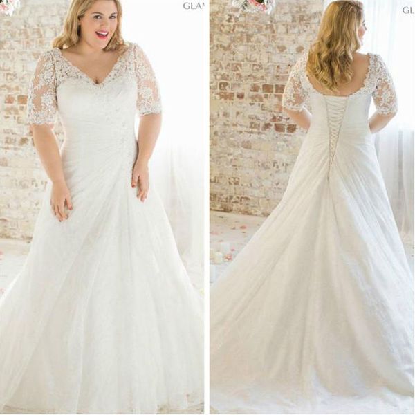 Discount 2016 New Plus Size Lace Short Sleeve Wedding Dress White
