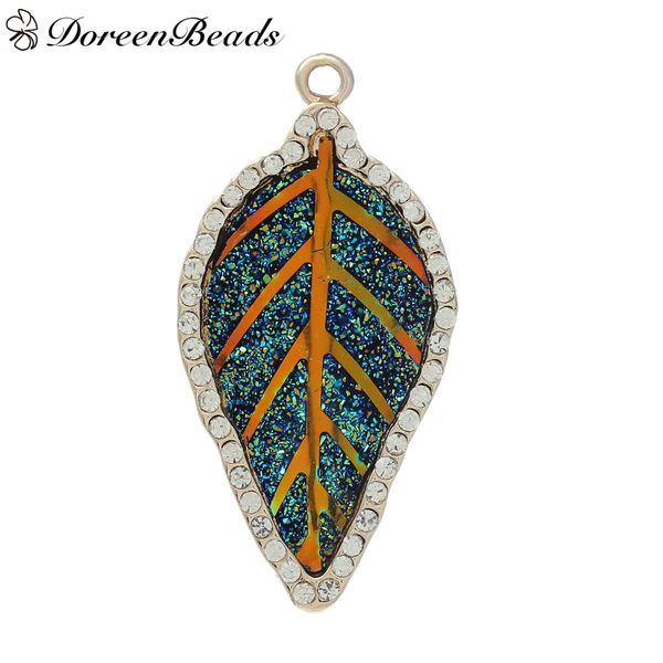 

pendants leaf light golden blue ab color glitter with clear rhinestone 56mm(2 2/8")x 28mm(1 1/8"), 2 pcs 2016 new jewelry maki, Bronze;silver