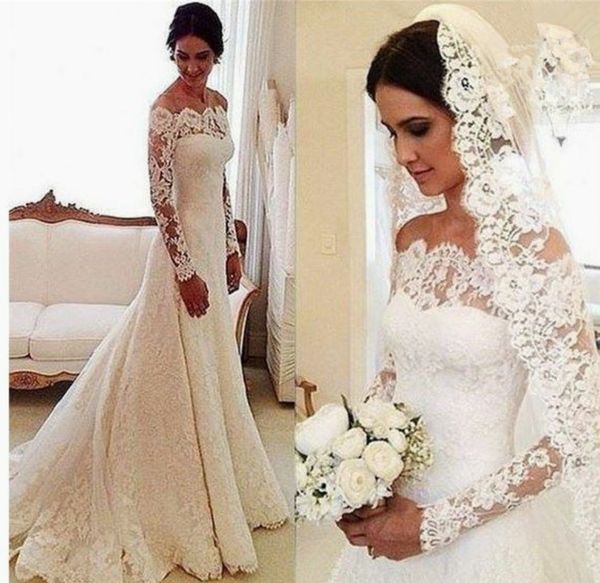 

ivory lace mermaid wedding dresses long sleeves starpless zipper with buttons back sweep train bridal gowns, White