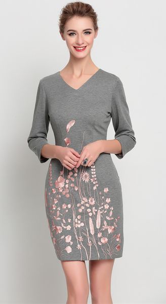 

embroidery women sheath dress v-neck 3/4 sleeve autumn dresses 1016196, White;black