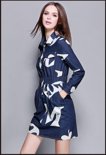 

2016 новая женская одежда, осенняя и зимняя мода. джинсы с длинными рукавами платье, упругие талии показать тонкие. лацкан однобортной юбки, Black;gray