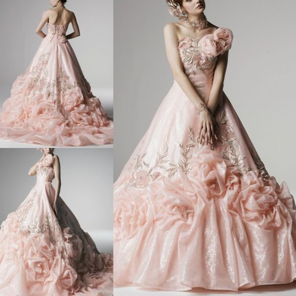 

amazing pink ball gown wedding dresses ruched one shoulder appliques bridal gowns ruffles sweep train lace up wedding dresses, White