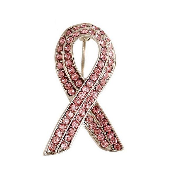 Spilla per la consapevolezza del cancro al seno con fiocco in nastro di cristallo di strass rosa placcato argento rodio da 1,4 pollici