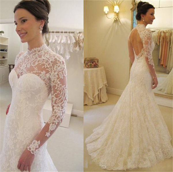 

sheer high neckline with long sleeve mermaid bridal gowns lace backless wedding dresses gowns custom made vintage vestido de noiva, White