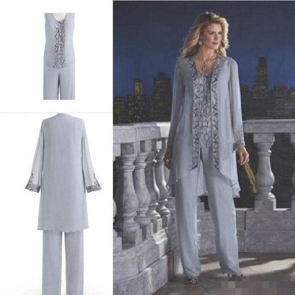 

New Arrival 2016 Mother Of The Bride Three-Piece Pant Suit Chiffon Beach Wedding Mother's Groom Dress Long Sleeve Beads Wedding Guest Dress