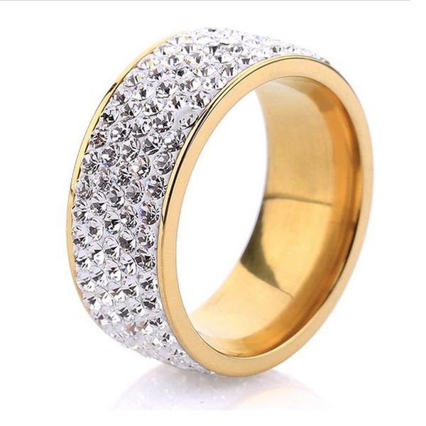 

5 row crystal rings wholesale gold color stainless steel wedding jewelry, Golden;silver