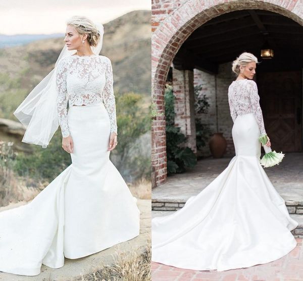

2 pieces mermaid wedding dresses long sleeve see through lace satin skirt bridal gowns sweep train custom size, White