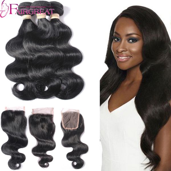 

brazilian virgin hair body wave with closure 3pc body wave human hair bundles with closure unprocessed wavy hair with closure, Black