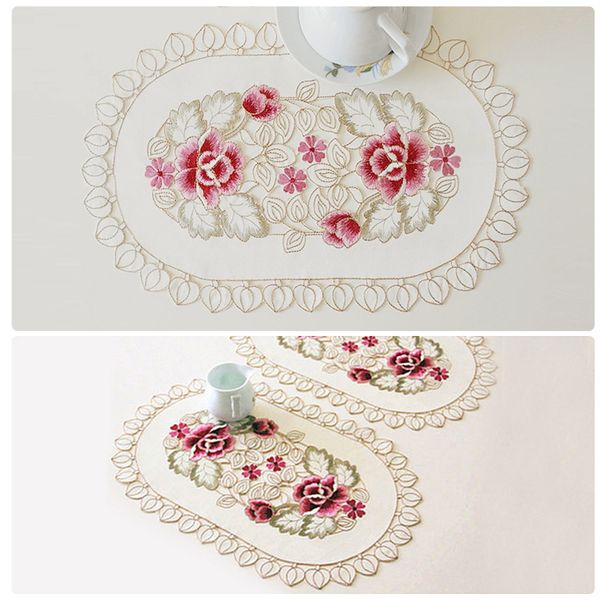 

wholesale- yazi embroidered daisy flower lace pad doily fabric oval table placemats mat wedding banquet party home decor