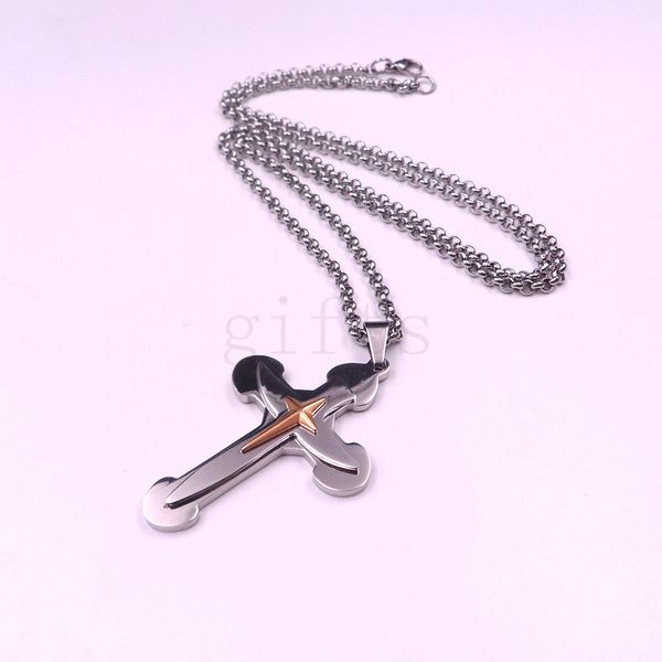 

men's fashion cross pendant round chain necklace silver and gold tone