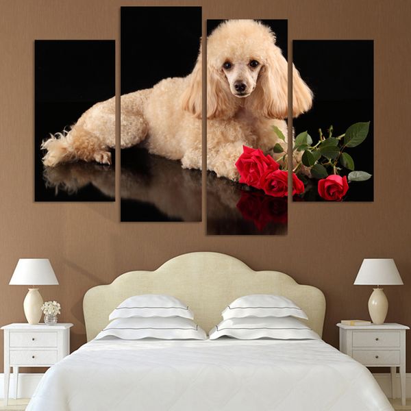 

4panel modern canvas lovely dog oil painting on wall pictures for living room decor animals paintings(no frame)