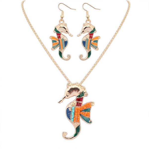 

new style 18kgp/ 925 silver lifelike drip rainbowful sea horse with wingshape jewelry set alloy necklace earrings accessories for women