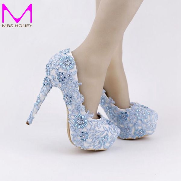 Blue Lace Prom Shoes Handmade Rhinestone Bridal Dress Shoes
