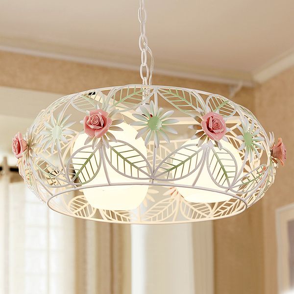 Country Rustic Dining Room Ceiling Pendant Lamp Metal Cage Pink Ceramic Rose Balcony Hang Lamp Bar Counter Bedroom Hanging Lighting Fixtures Pendant