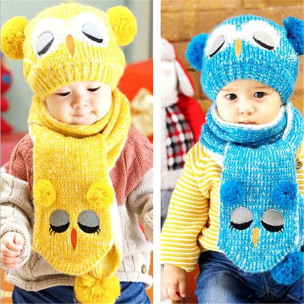 Toptan bebek kapaklar şapkalar set baykuş çocuk yün kap ile Toddler örme şapka eşarp çocuk yün sevimli unisex şapkalar kid407