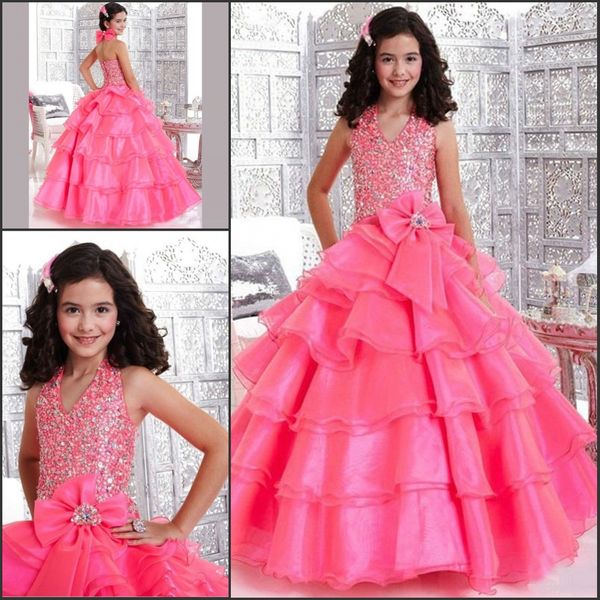 

halter stunning ball gowns dresses for weddings girl sequined bow in girls layered dress pageant girls dresses hy1131, White;red