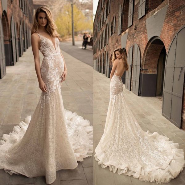 

berta lace wedding dresses mermaid plunging neckline illusion bodice sweep train open back bridal gowns, White