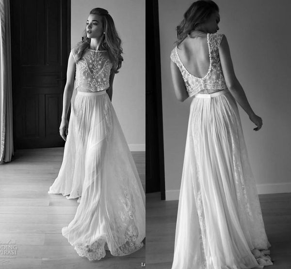 

2019 wedding dresses two piece sweetheart sleeveless low back pearls beading sequins lace chiffon beach boho bohemian wedding gowns, White