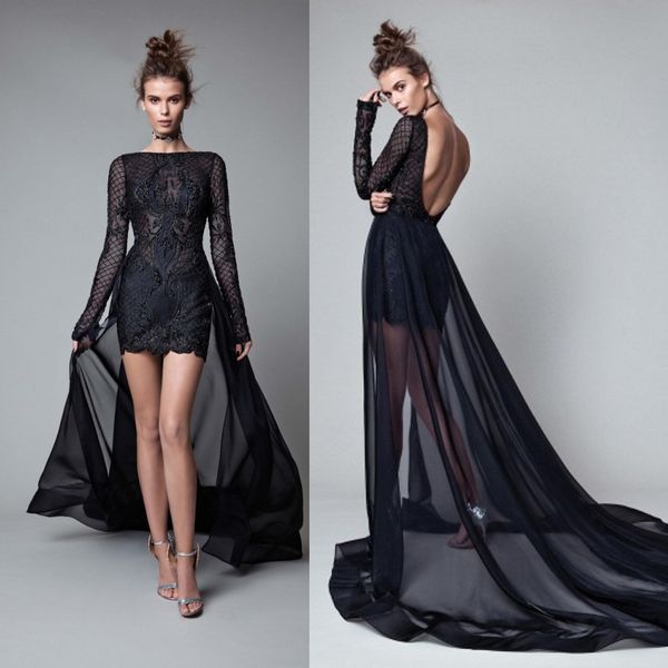 

berta backless пром платья рукава съемный поезд короткие платья партии дешевые вечернее платье бисером, Black