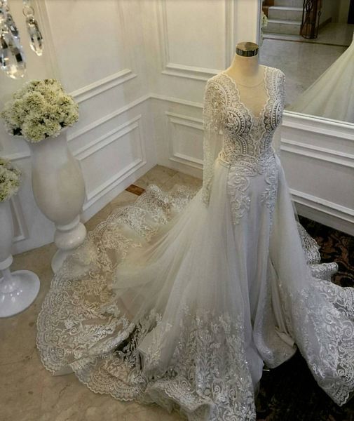 

2019 mermaid wedding dresses with detachable train sheer jewel neck lace appliqued bridal gowns with long sleeves beaded wedding dress, White