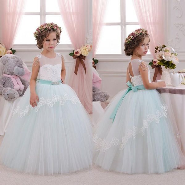 

2020 beautiful mint ivory lace tulle flower girl dresses birthday wedding party holiday bridesmaid fancy communion dresses for girls, White;blue