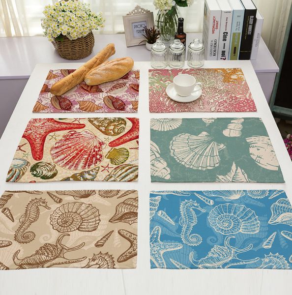 

wholesale- ocean shell printed linen rectangle home placemat kitchen table mats for kitchen accessories pad 6 designs