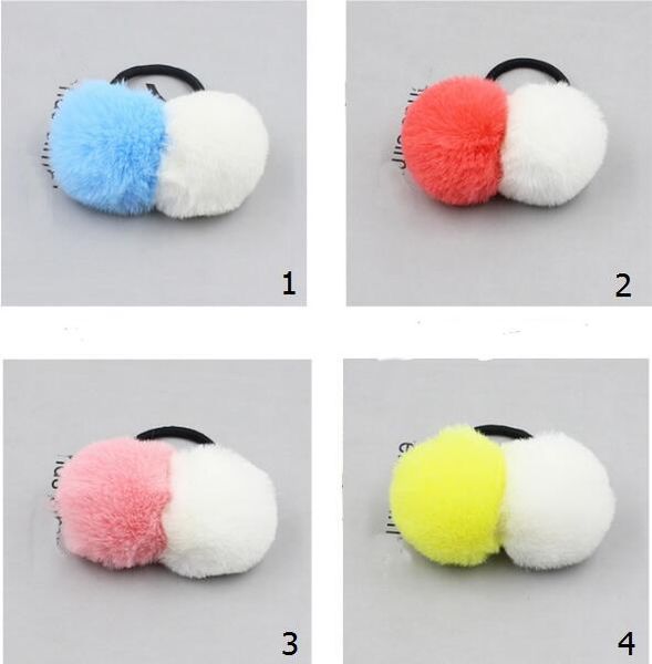 

20pcs lady girl faux fur fluffy pom pom double color ball together scrunchies pompon elastic ponytail holder hair ties accessories gr111, Slivery;white