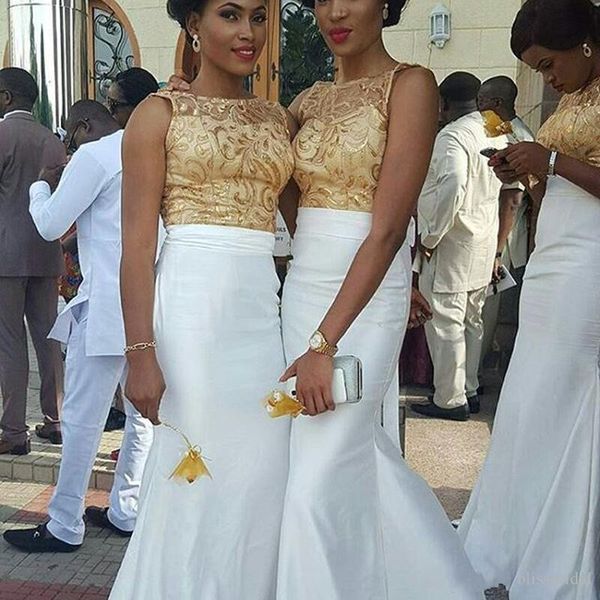 2019 New Gold Lace Applique Top Abito da sera a sirena bianco Abiti da sposa Ankara Lunghezza pavimento Abiti per ospiti Abiti da damigella d'onore africani 255