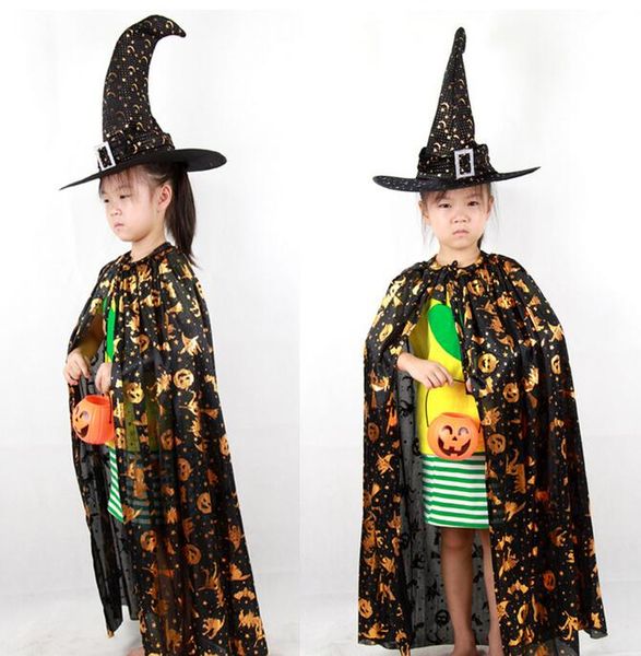 2016 Хеллоуин детей плащей ведьмы ведьма плащ Мозаика золотые плащи Маскарад костюмы дети плащ ведьма плащ + шапка два набора