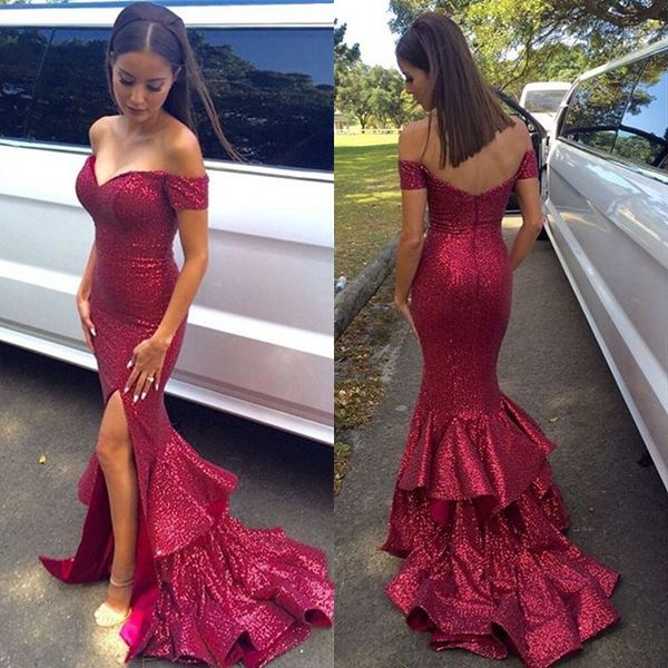 

bling bling split evening dresses mermaid off the shoulder sequin prom gowns ruffled skirt high slit zipper up back formal party wear, Black