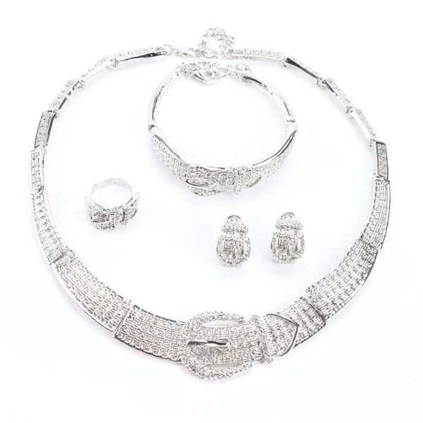 Mulheres prateadas ouro banhado dubai africano branco diamante diamante austríaco colar de colar de bracelete berço jóias de casamento set259d