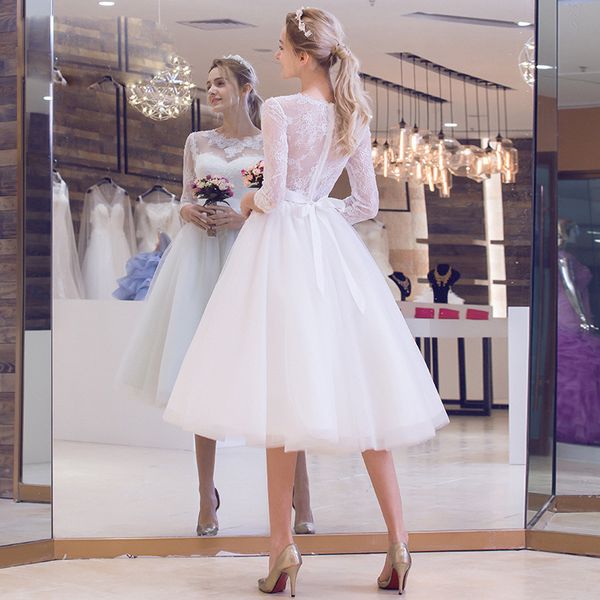 

beautiful country knee length short wedding dresses sheer neck lace beach summer bridal gowns with sleeves puffy netting sash bow vestidos, White