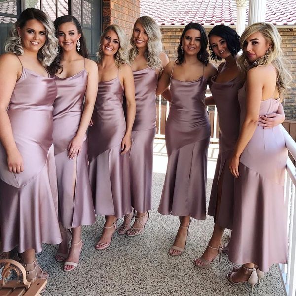 

simple ankle length bridesmaid dress spaghetti straps sleeveless backless wedding guest dress satin bridesmaids dresses maid of horner, Blue;red