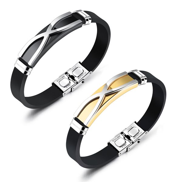 

new men glossy cuff bangle bracelet charm jewelry stainless steel genuine silicone bracelets wristband fashion xmas gift for son boyfriend, Black