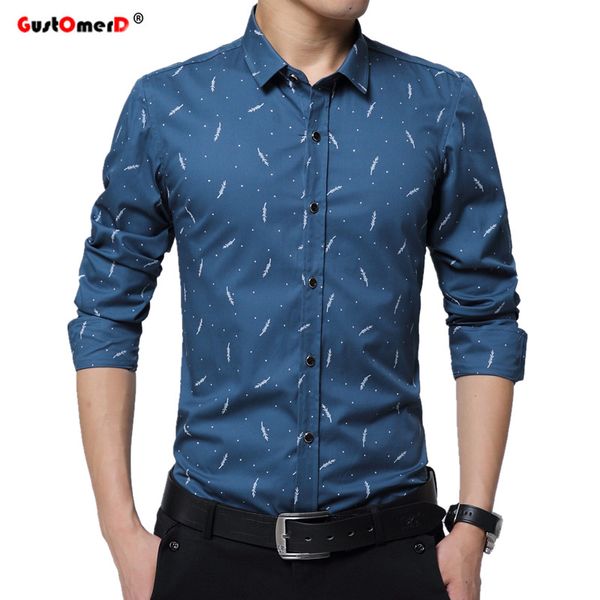 

wholesale- gustomerd 100% cotton feather printed fashion mens dress shirts social shirt men slim fit casual men shirt long sleeve -5xl, White;black