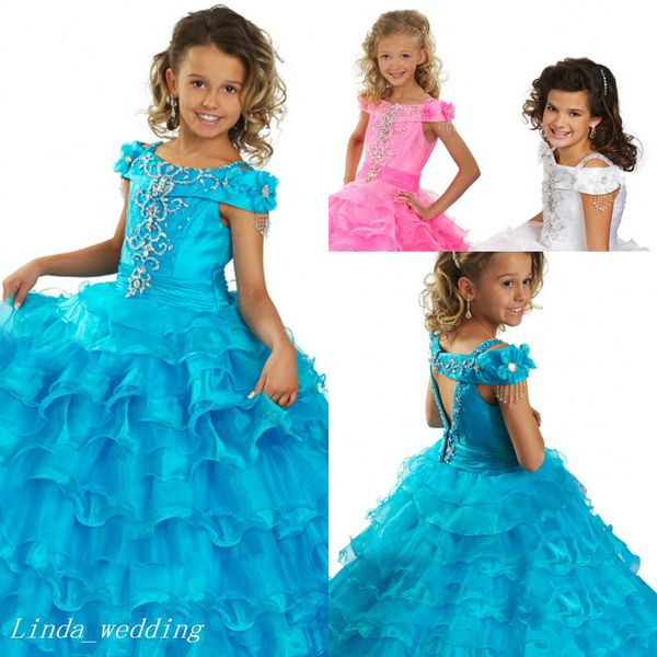 Blue Pink White Girl's Pageant Pageant Pagess Princess Transfuls Ruffles Party Cipcake Prom Tress для короткой девочки красивое платье для маленького ребенка