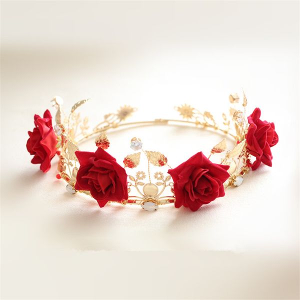 

Vintage Wedding Bridal Floral Crown Flower Headband Red Rose Crown Tiara Leaf Headpiece Princess Queen Hair Accessories Vintage Prom Jewelry