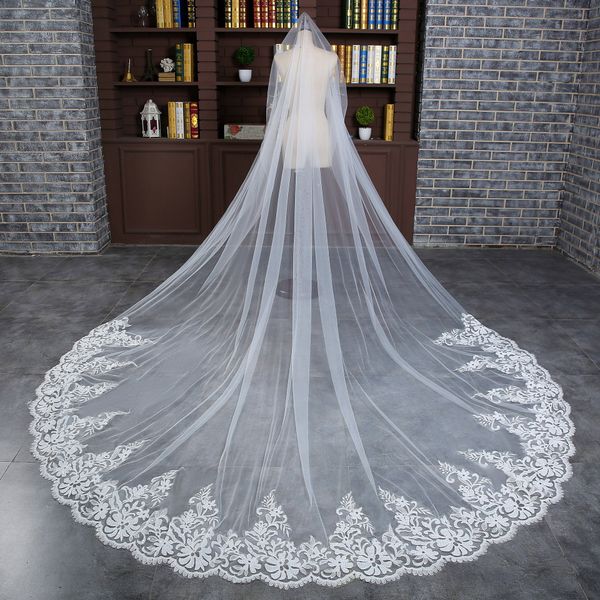 

velos de novia 3 Meters 2T White&Ivory Sequins Blings Sparkling Lace Edge Purfle Long Cathedral Wedding Veils Bridal Veils free shipping