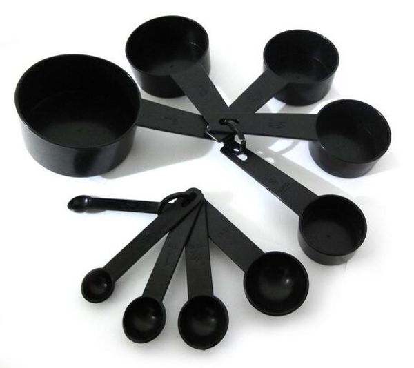 

fashion black plastic measuring cups 10pcs/lot measuring spoon kitchen tools measuring set tools for baking coffee tea