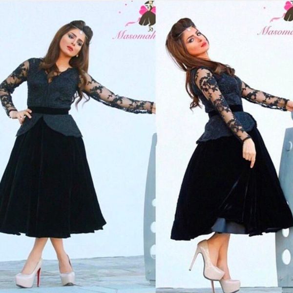 

2016 short a line lace velvet prom dresses v neck long sleeve graduation dresses black party dresses tea length arabic dubai evening dresses