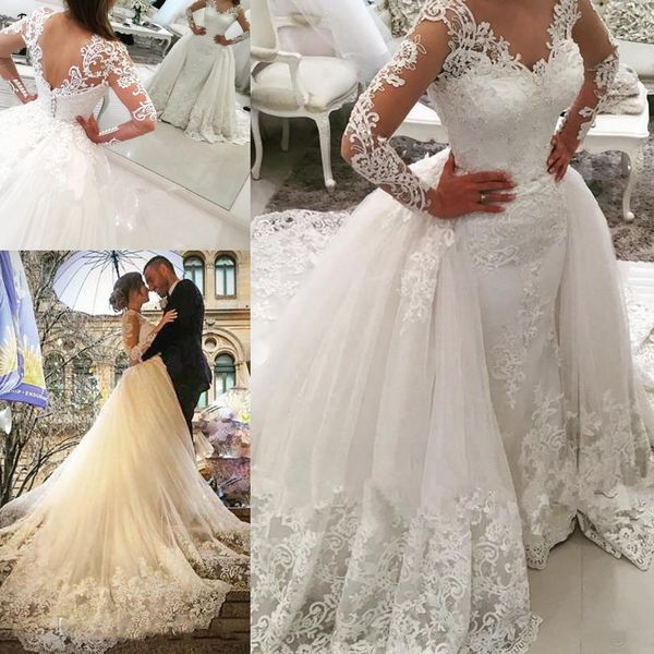 

vintage long sleeves wedding dresses with detachable skirt sheer v-neck beads sheath wedding gowns tulle back covered button bridal dress, White