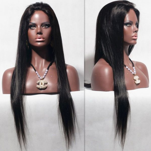 

silky straight full lace wig brazilian human hair straight lace front wig glueless full lace wig for black women, Black;brown