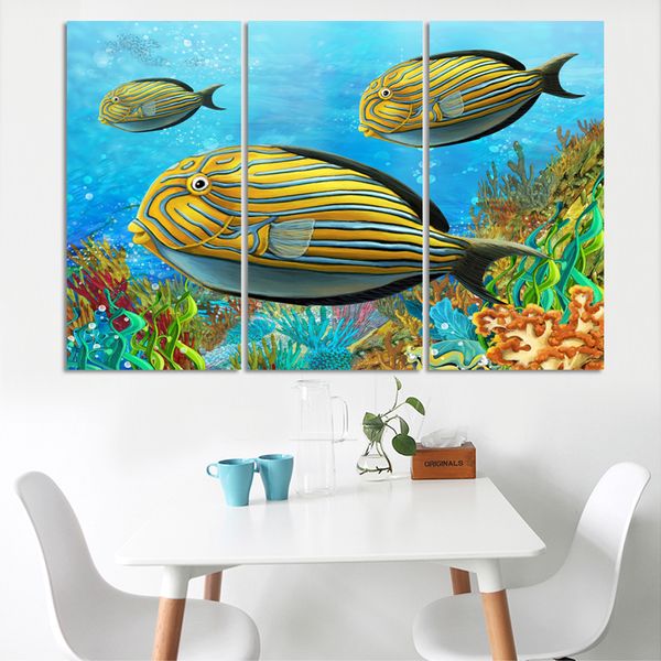 

3 панели большая красочная рыба холст для живописи океанов 3 шт. wall art кокосовое home decor sea picture уникальный подарок (без рамки