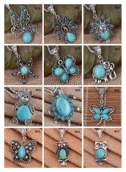 

fashion women's diy tibetan silver turquoise necklace(with chain) 12 pieces a lot mixed style,animal european beads pendant necklace em