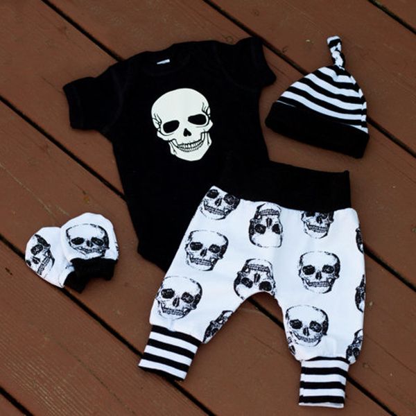 Neueste Herbst Halloween Schädel Baby Kleidung Neugeborenen Set Kleinkind Jungen Mädchen Strampler Overall Tops Leggings Hosen Hut Outfits 4 stücke 0-24 M